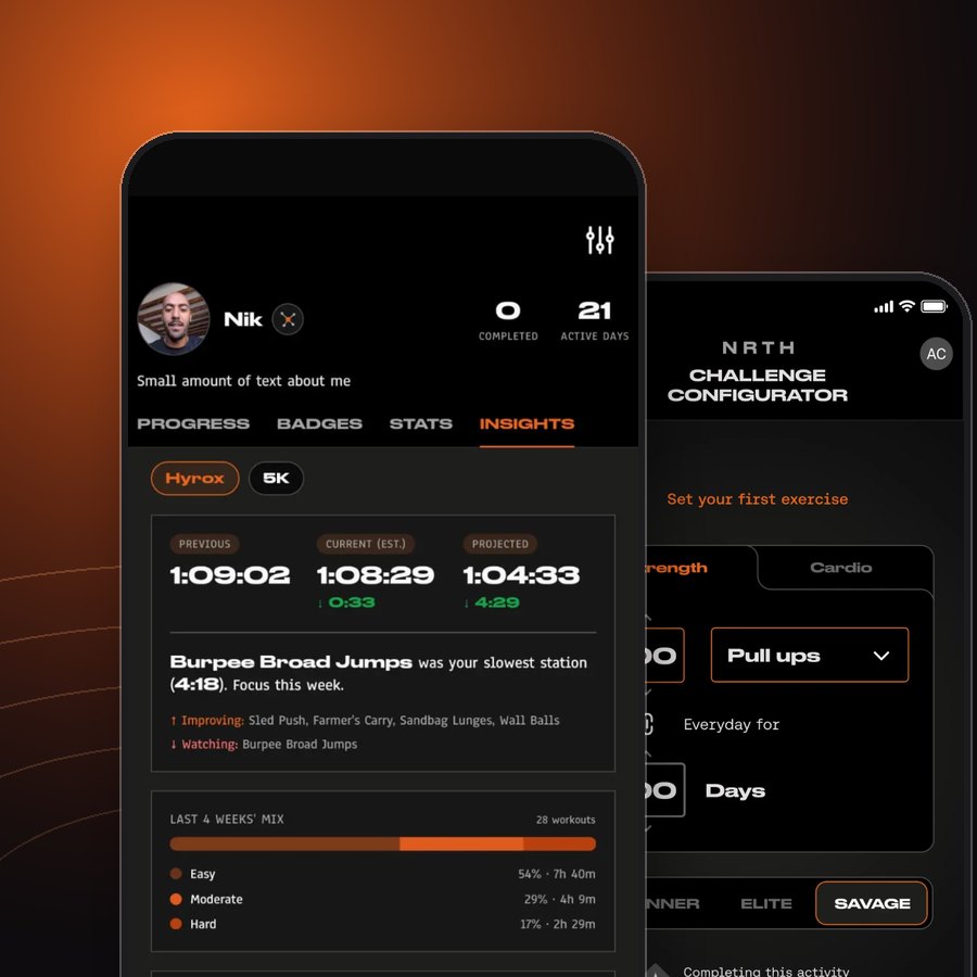 NRTH Hyrox insights and challenge configurator screens